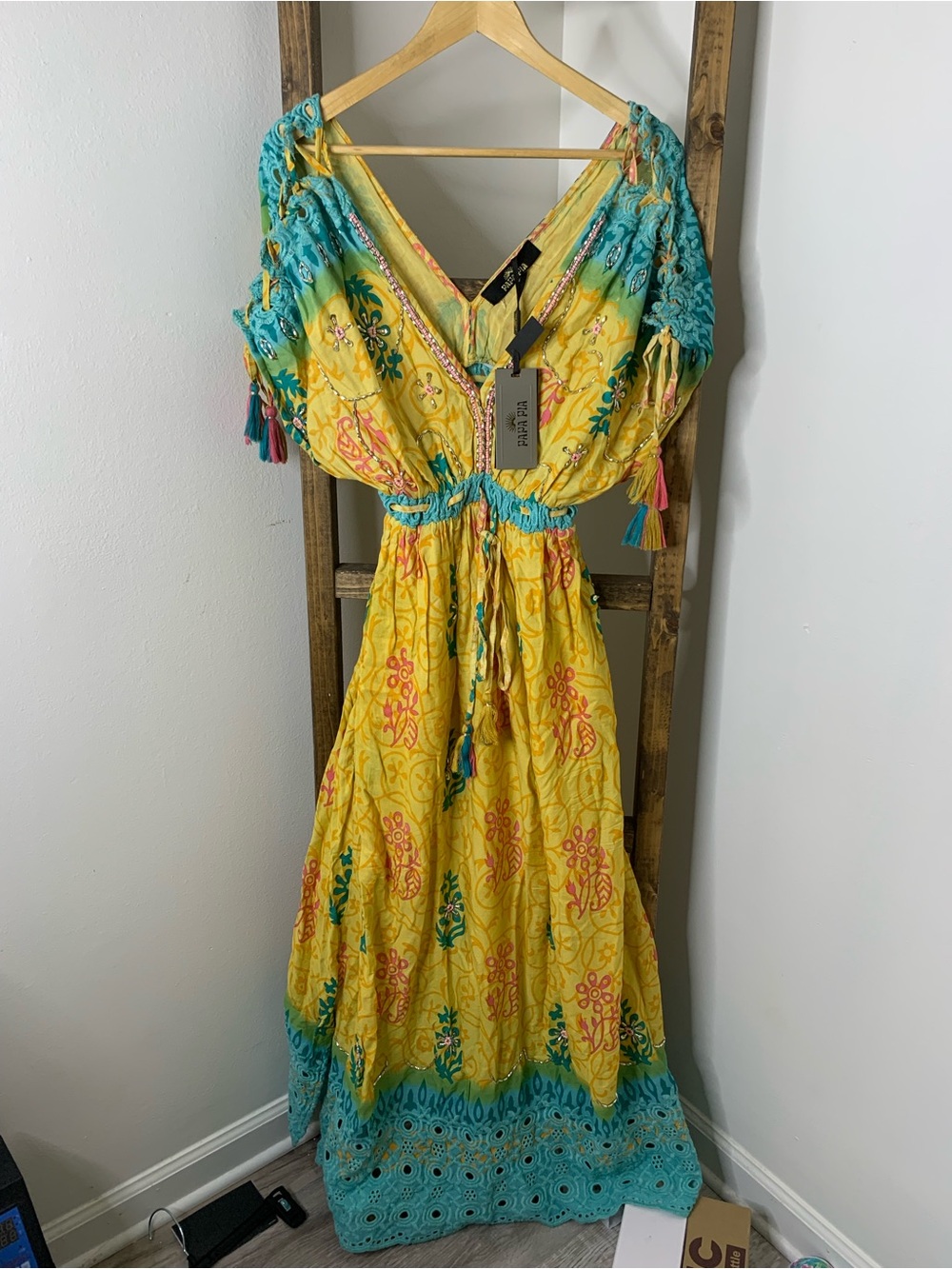 Papa Pia Boho Yellow & Teal Maxi Dress with Tassel Waist Size M